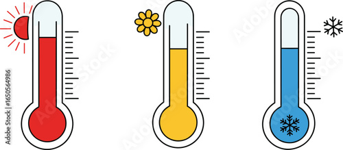 Thermometers showing hot, warm, cold temperatures, weather symbols, climate change, seasonal temperature variation, heatwave, winter freeze