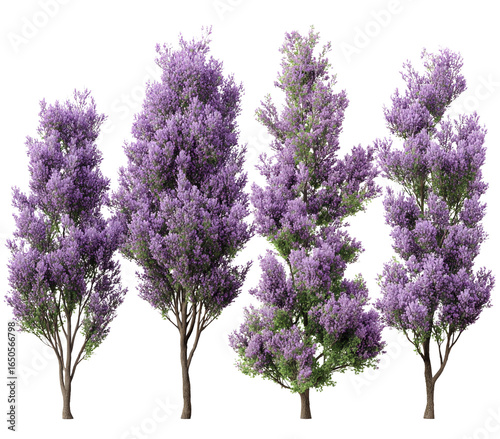 Group of four purple flowering trees isolated on transparent background