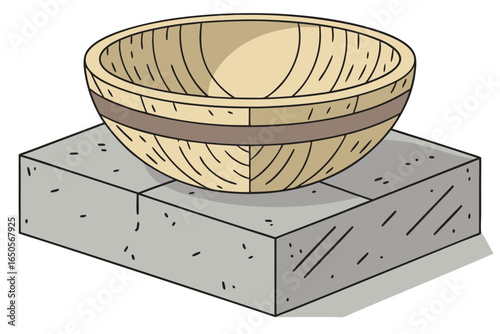 Wooden Woven Bowl Resting on a Stack of Concrete Blocks wooden bowl basket