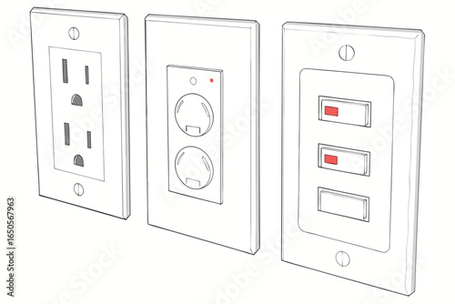 Assortment of Electrical Outlets and Light Switches on White Background power outlet socket