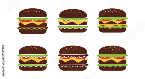 Six Delicious Cartoon Burgers Arranged in a Grid Pattern