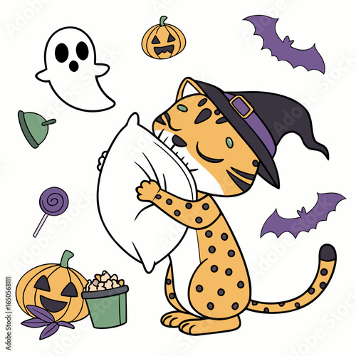Bashful expression on a Leopard in a Halloween theme, with hugging a pillow – Spooky Fun vector art