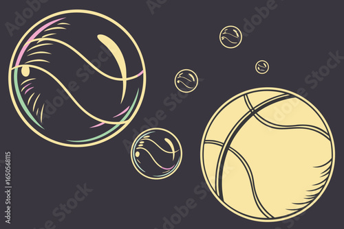 Abstract colorful bubbles with swirling patterns on dark background spheres circles