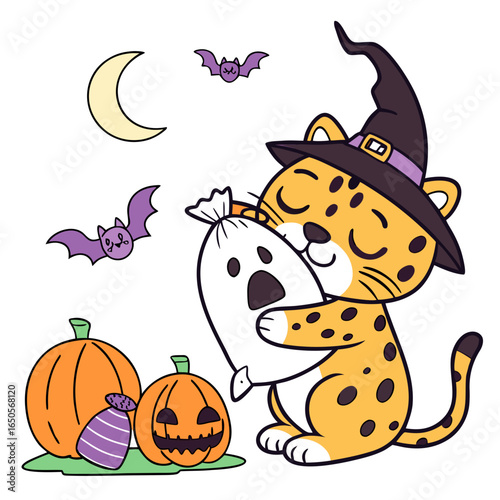 Bashful expression on a Leopard in a Halloween theme, with hugging a pillow – Spooky Fun vector art