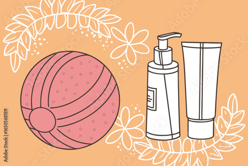 Pink striped ball with skincare products and floral decorations pink ball sphere