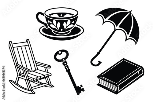 Collection of vintage objects including rocking chair teacup umbrella and key illustration