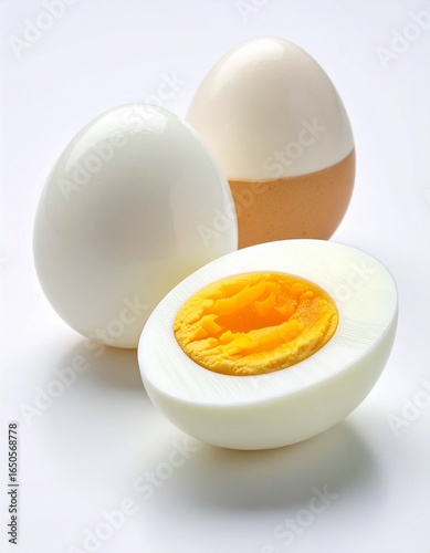 Close-up of a cracked egg, highlighting its vibrant yolk and versatile nature ideal for breakfast, cooking ingredients, or nutrition concepts. Egg in white background, sliced egg