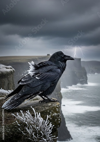 Raven on Cliff Edge with Lightning