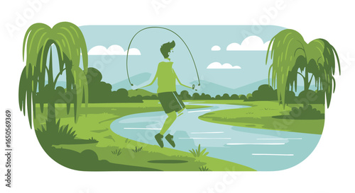 Illustration of a man enjoying an outdoor cardio workout, jumping rope in a scenic green park with a river