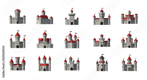 A collection of fourteen illustrated medieval castles with grey stone walls, red roofs, and flags.