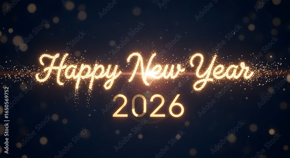 Fototapeta premium Happy New Year 2026 Golden Glowing Text with Particles and Bokeh Lights.