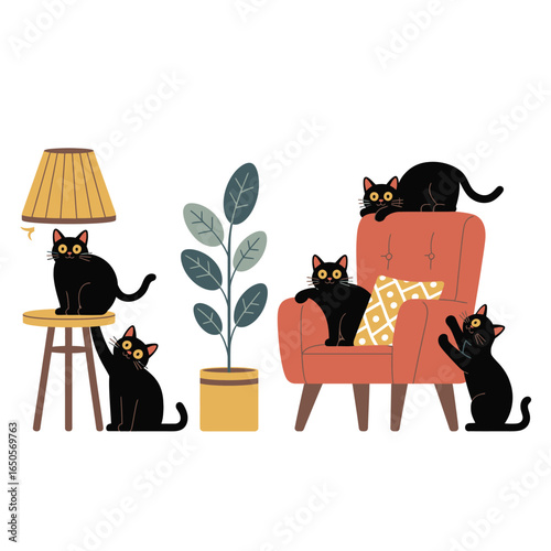 Black and white vector bundle of cute black cats interacting with household objects like lamp, plant, chair, and cushion