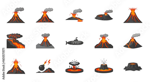 A diverse collection of flat design volcano icons, showing various stages of eruption with flowing lava, smoke plumes, and ash clouds.