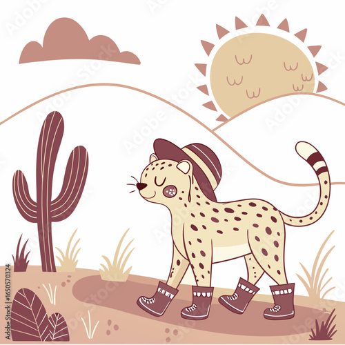 Cute SVG of a Gentle Leopard in Sundown Glow colors, featuring wearing rain boots in a Desert sunset setting