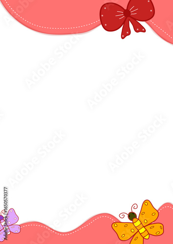 Adorable pink decorative frame with a red bow at the top and colorful butterflies at the corners. Perfect for kids invitations, greeting cards, certificates, scrapbook pages, party flyers, posters, an