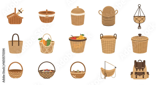A diverse collection of illustrated wicker baskets, hampers, and a backpack for various purposes.