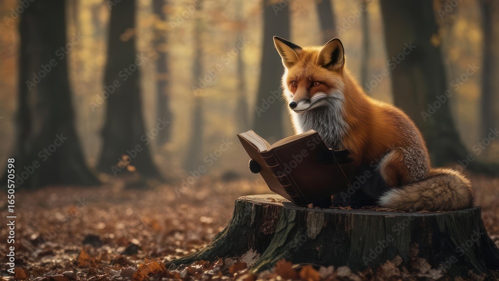 Naklejka premium A Red Fox Reading in an Autumn Forest