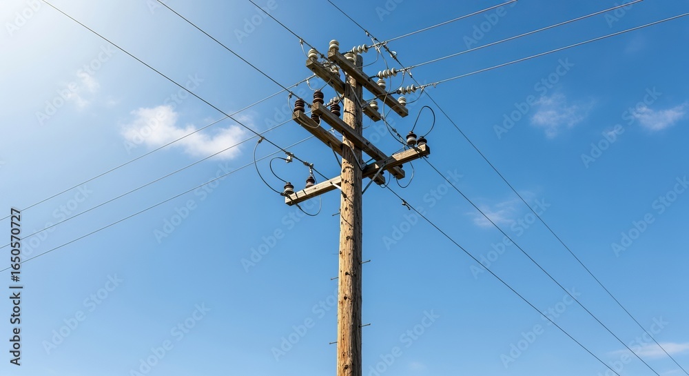 A towering wooden utility pole stands tall with power lines stretching across a bright, clear, and radiant blue sky. A towering wooden utility pole stands tall with power lines stretching across a bright, clear, and radiant blue sky.