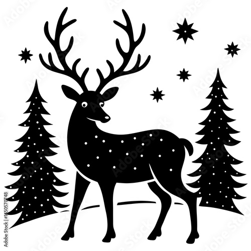 Reindeer in snow forest silhouette vector illustration