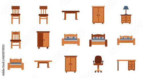 A diverse collection of wooden home and office furniture icons in a flat, illustrative style.