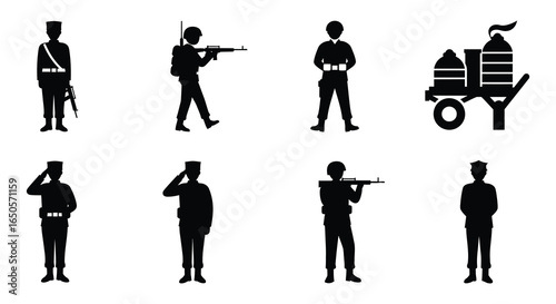 Silhouette Illustrations of Soldiers in Various Poses and a Cart of Supplies