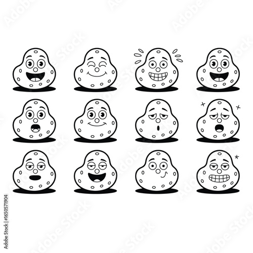 Bundle of 12 cartoon potato faces with different emotions, black and white vector set featuring playful and expressive characters