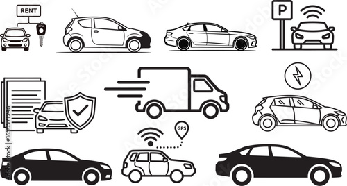 Car vector illustration collection of car icons and symbols representing various automotive services and concepts
