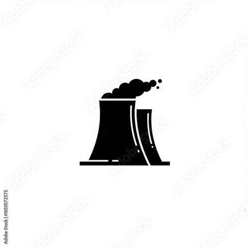Simple black silhouette icon of a nuclear power plant with cooling towers. A graphic symbol representing industrial energy, electricity generation, and atomic power.