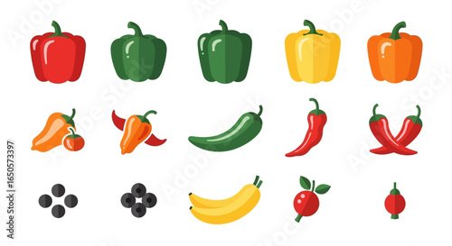 Assortment of Vibrant Flat Design Peppers and Fruits Collection