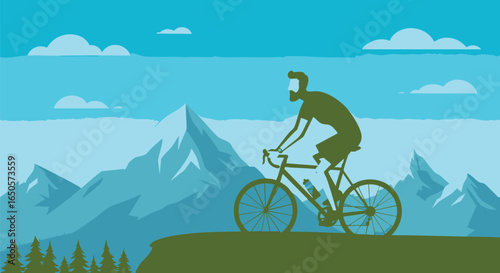 Adventurous cyclist exploring mountainous terrain, enjoying outdoor activity and scenic views