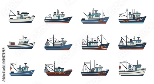 Collection of Cartoon Fishing Boats with Various Designs and Colors