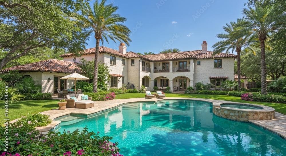 Fototapeta premium Mediterranean Inspired Villa with Terracotta Roof, Palm Trees, and Private Pool