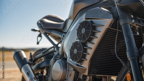 A motorcycle with cooling fans and a radiator against a blue sky background outdoors silhouette