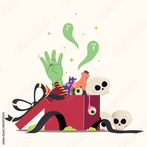 Gift box Halloween of scary and funny ghosts. Halloween unboxing with toy and candy design. Surprise for Happy Halloween day.