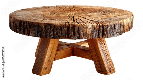 Rustic Wooden Table: A unique table crafted from a section of a tree trunk, showcasing natural wood texture and grain, blending rustic charm with earthy design, a testament to organic artistry.