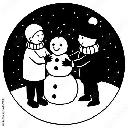 Kids building a snowman silhouette vector illustration