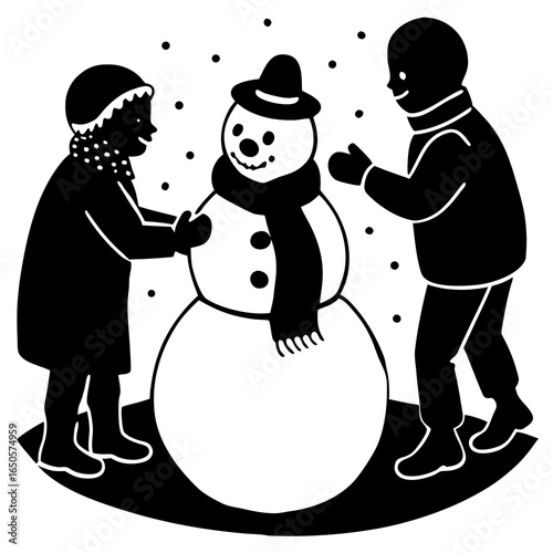 Kids building a snowman silhouette vector illustration