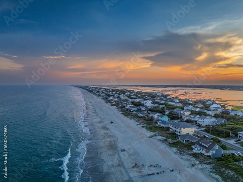 Sunset on Topsail Island, Surf City, North Carolina aerial view 