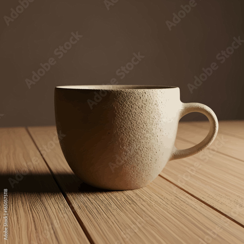 Textured Ceramic Coffee Mug with Handle on Wooden Surface.