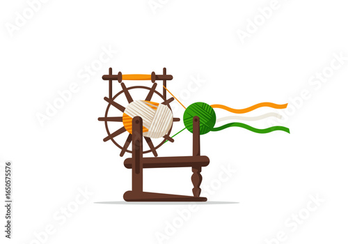 A charkha spinning wheel with yarn in the colors of the Indian flag