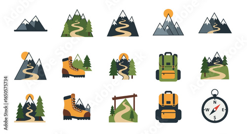 Collection of Flat Icons Representing Mountain Hiking and Outdoor Adventure