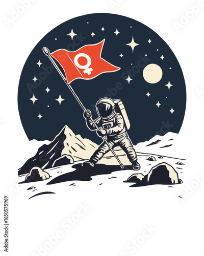 Astronaut planting female symbol flag on lunar surface