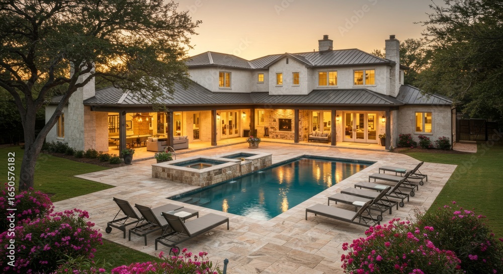 Fototapeta premium Modern Stone and Stucco Home with Pool, Spa, and Covered Outdoor Living Area