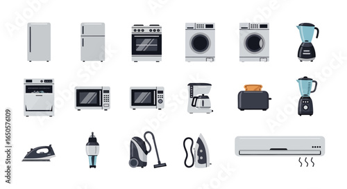 Collection of Household Appliances and Kitchen Electronics in a Flat Vector Icon Set