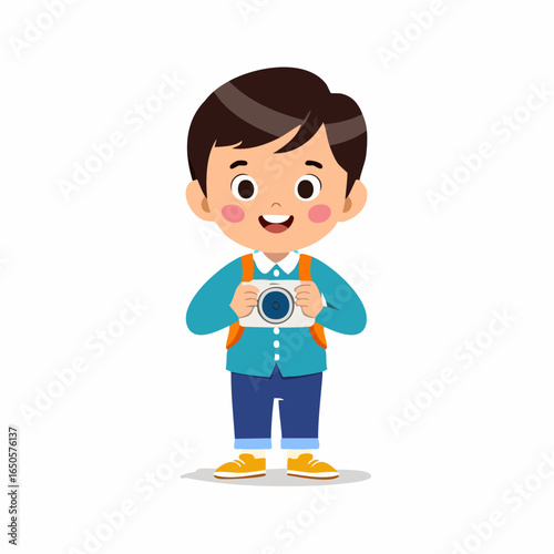 Flat style vector icon of a kid with camera, symbolizing childhood passion for photography.