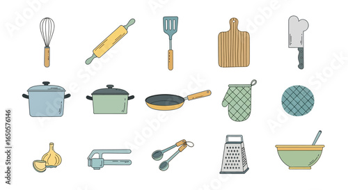 Collection of Illustrated Kitchen Utensils, Tools, and Cooking Equipment.
