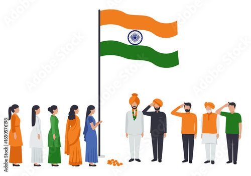 Indian flag ceremony with people in traditional clothing saluting the flag