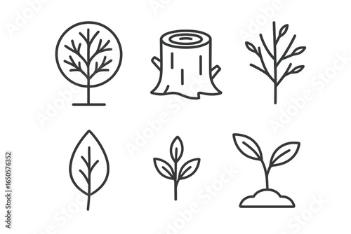 Minimalist plant icons: trees, stump, branch, leaves, sapling designs