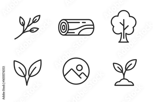 Nature icons set: tree, log, branch, leaves, landscape, seedling