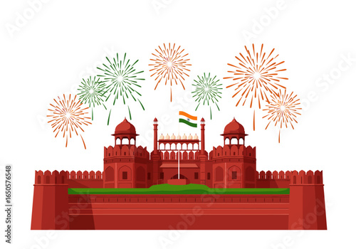 Red Fort with fireworks  Indian flag in front